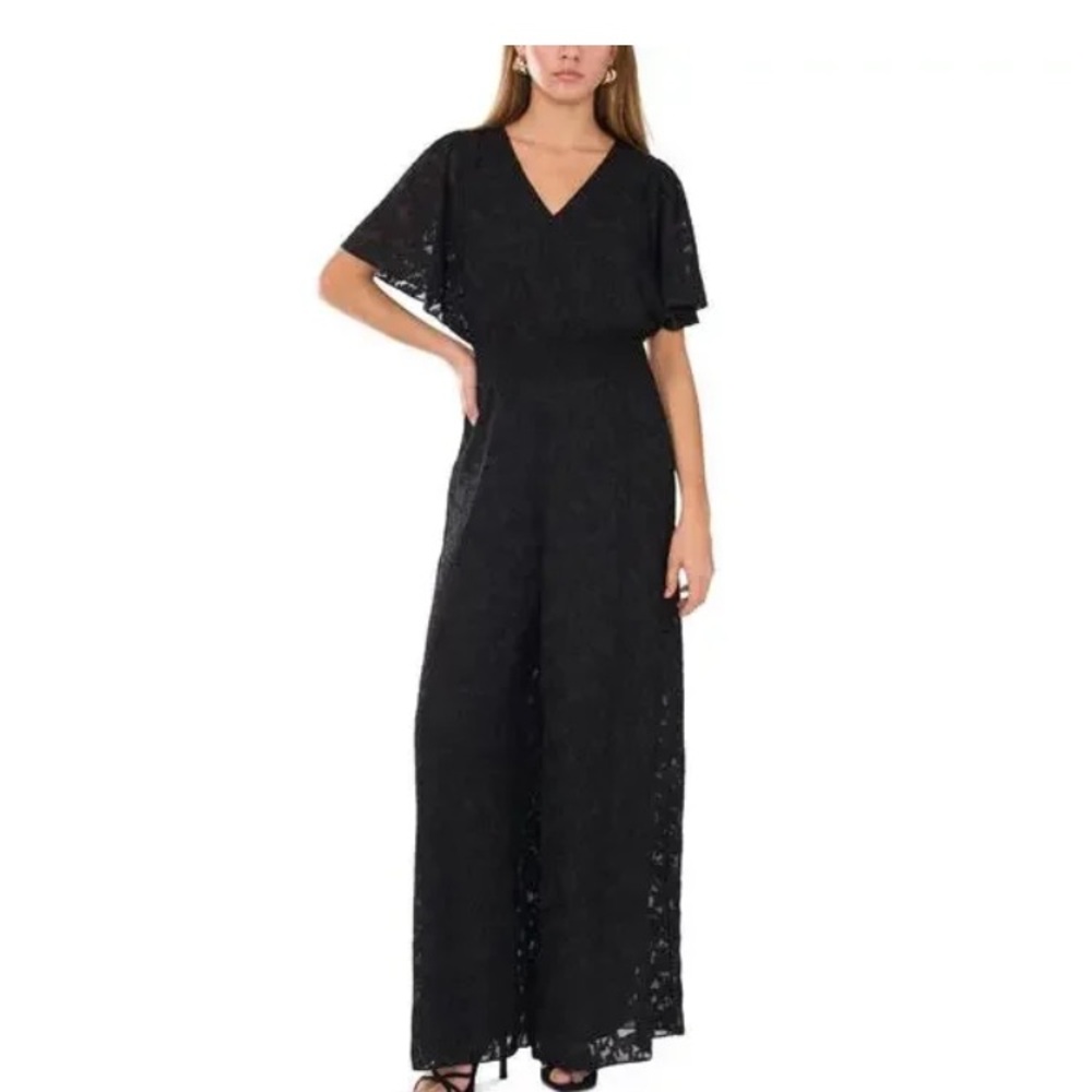 Vince Camuto Black Lace V-Neck Wide-Leg Jumpsuit with Flutter Sleeves